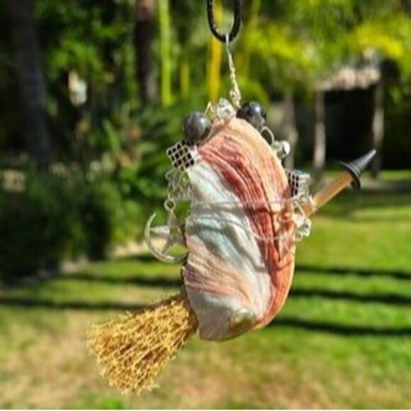 Witch Labradorite Broom with Gemstones and Charms on Abalone Amulet - Picture 3 of 4